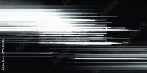 abstract digital light glitch background with horizontal lines and motion blur effect in black and white tones.