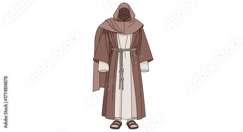 A hooded figure in a brown robe with a white undergarment  rope belt standing in sandals on a white background