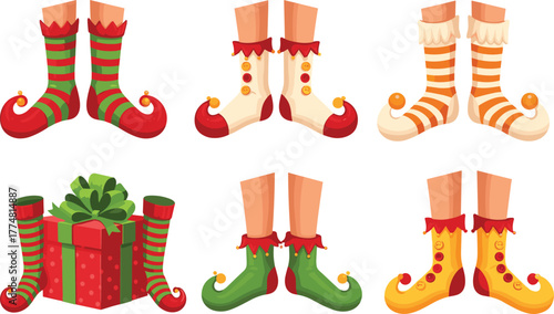 Christmas elf legs, festive socks, holiday shoes, whimsical costume, colorful footwear, seasonal illustration, cartoon elves, gift box, winter celebration, fantasy style