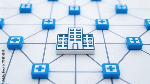 Blockchain Technology Digital illustration of a hospital symbol connected to medical icons, representing healthcare networking.