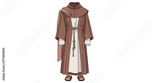 Monks garb brown robe with hood sandals and rope belt on white background