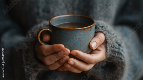 Close-up of hands holding tea mug