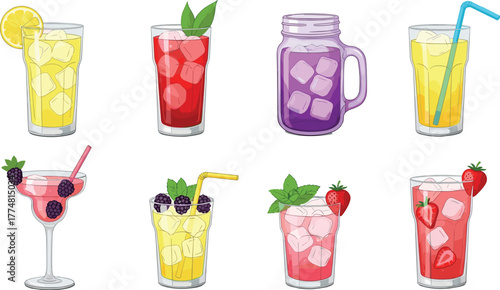 Colorful drinks, fruit garnish, iced beverages, cocktail glasses, summer refreshment, cartoon style, berry drinks, lemon slice, drink variety, beverage illustration