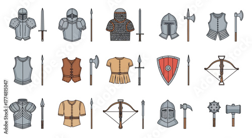 Medieval armor  weapons arranged in rows show a variety of gear
