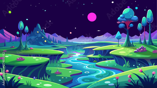 Vector, space, planet, science fiction, astrobiology, neon, animation, plants, mushrooms, crystal, plasma