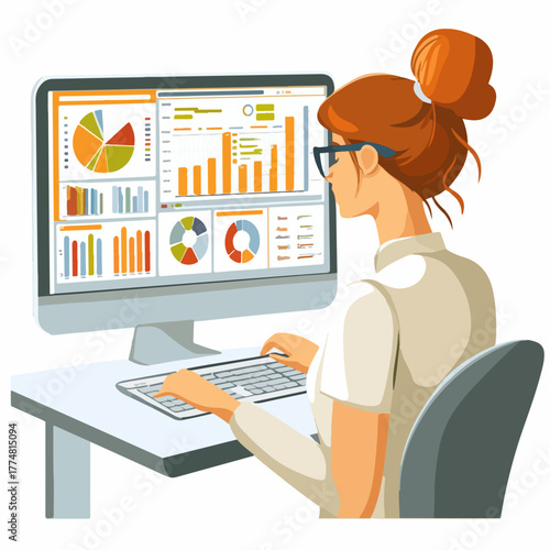 Businesswoman analyzing financial data on a computer screen with charts and graphs for growth and strategy