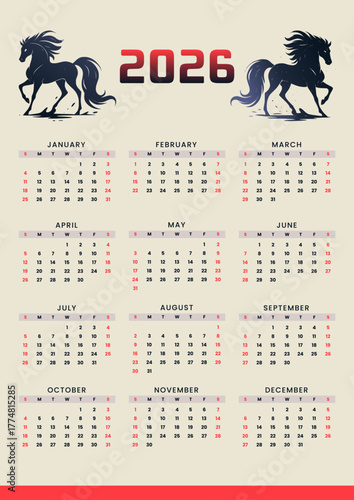 Vector calendar for year 2016 with horse silhouettes. Week starts from Sunday. Year of the Horse 2026, 2026 calendar. watercolor horse