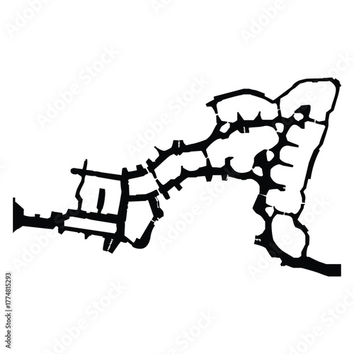 A black and white abstract map layout of a building complex with connecting structures and open spaces