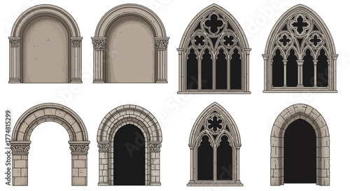 Stone gothic arches and windows in grey tones on a white background eight architectural elements in total