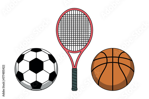 Soccer ball, tennis racket, and basketball arranged together for sports illustration