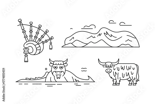 Iconic Scottish symbols including bagpipes, a Highland cow, and a mythical creature with mountains.