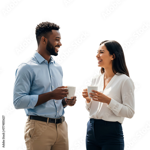 Two colleagues are standing drinking coffee and discussing work