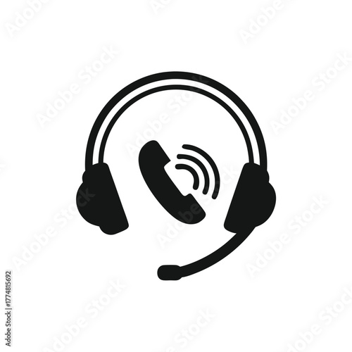 Black headset with phone icon shows contact symbol for communication and support