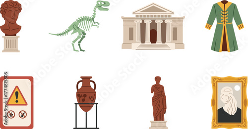 Museum objects, classical statue, dinosaur skeleton, ancient vase, historical robe, portrait frame, warning sign, cultural heritage, exhibit icons, educational display