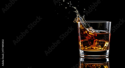 The moment of splash as ice is dropped from a frosted whiskey glass against a black background. Beverage and celebration concept.
