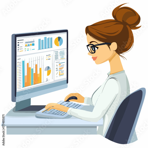 Businesswoman analyzing data on a computer with charts and graphs displayed on the screen