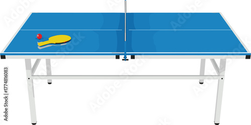 Table tennis setup, blue ping pong table, yellow paddle, red ball, indoor sport, net center, game equipment, recreation, match ready
