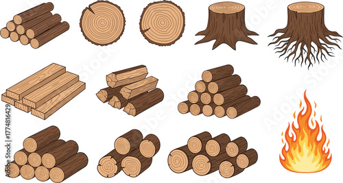 Wood logs, tree stumps, firewood pile, timber planks, growth rings, flame icon, forest material, burning wood, natural fuel, lumber illustration