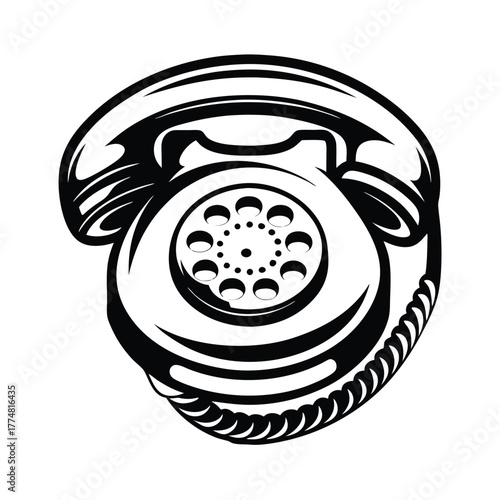A vintage rotary telephone is presented in stark black and white