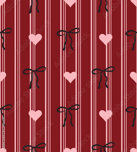Pink hearts and black bows on threads, cute seamless romantic pattern, seamless ribbon background for wrapping paper, fabric, posters, banners, cards. Valentine's Day concept.