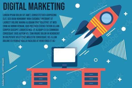 Flat vector illustration of a rocket launching from a computer screen,representing digital marketing,business growth,and online promotion.Modern design with bright colors and abstract elements.