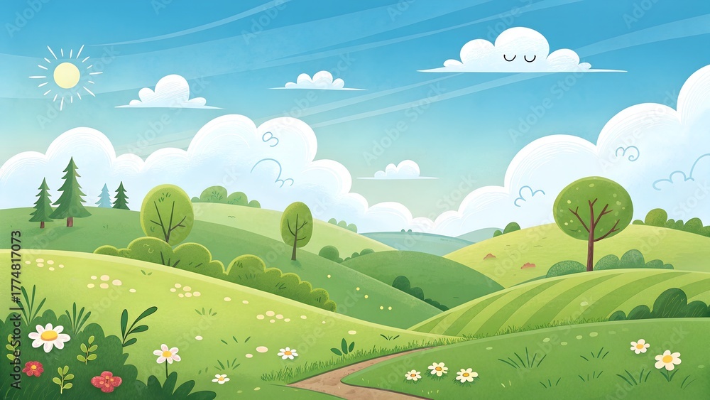 Fototapeta premium Sunny Cartoon Hillside Background