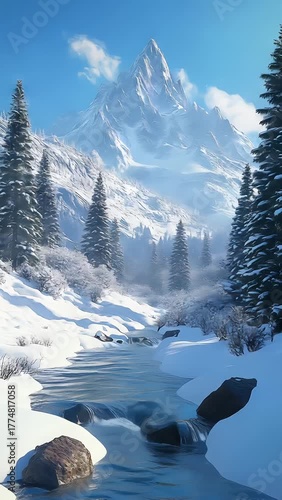 white snow mountain landscape with blue river seamless loop animation