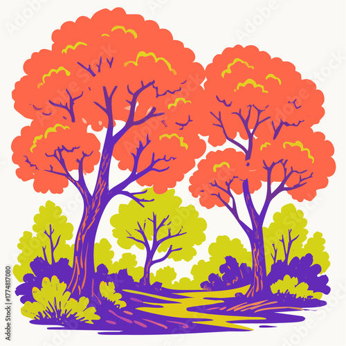 emberwood fantasia: crimson-orange canopy, violet trunks, sunlit lemon undergrowth in whimsical forest tableau