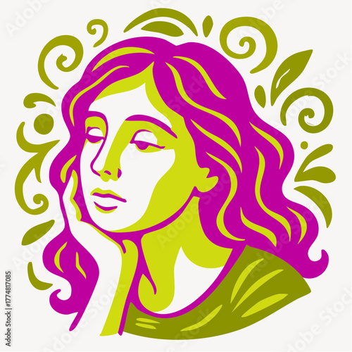 magenta waves repose: green-skinned dreamer with leafy swirls and wistful hand-rest