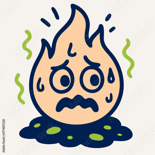 anxious ember: distressed cartoon flame with sweat droplets over spotted puddle