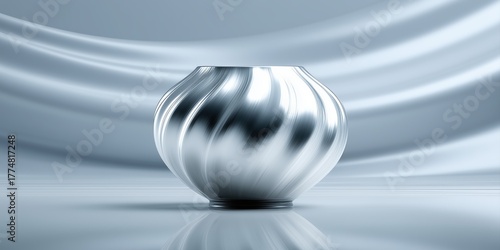 Fototapeta Naklejka Na Ścianę i Meble -   Polished Metallic Vase on Smooth Silver Fabric with Elegant Light Reflection.
