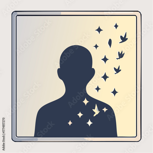emerging light silhouette: sparkles and birds lifting from dusk-gradient portrait in rounded frame