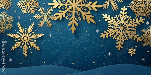Elegant Blue Christmas Background with Gold Snowflakes