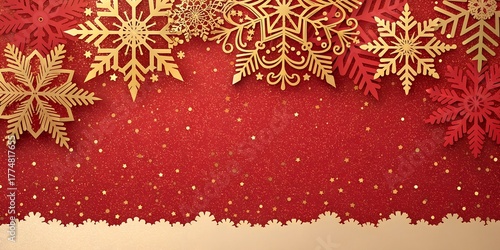 Christmas Card with Torn Paper Edge and golden Snowflake on red Glitter Background