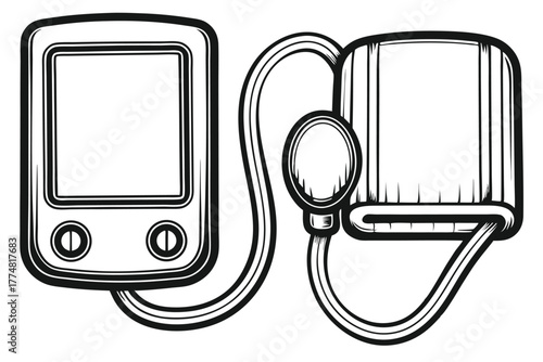illustration displays a blood pressure monitor featuring gauge, cuff, and inflation bulb in black and white