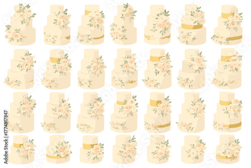 Elegant wedding cake pattern with floral decorations and gold accents
