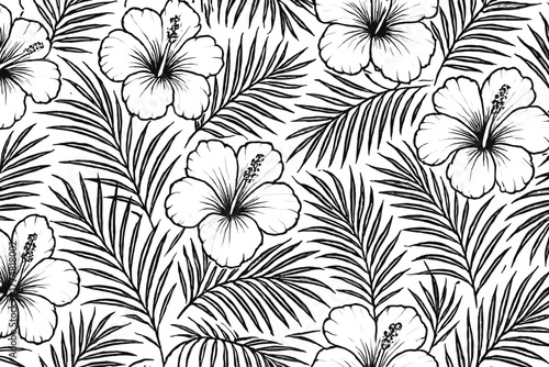 Seamless tropical hibiscus and palm leaves pattern in black and white