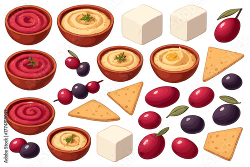 Colorful Mediterranean Snack Illustration Set – Hummus, Olives, Cheese & Crackers