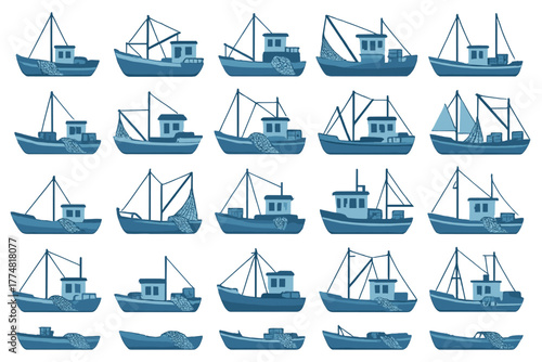 Pattern of illustrated fishing boats with nets on a blue background