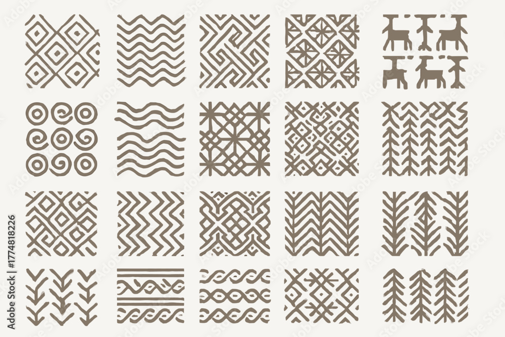 Fototapeta premium Set of tribal-inspired seamless patterns in hand-drawn style