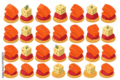 Seamless pattern of gourmet appetizers with salmon and cheese