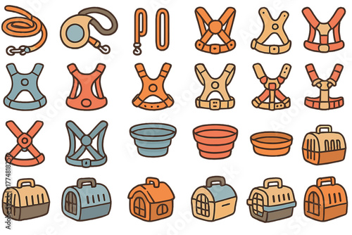Set of cartoon pet accessories icons on warm gradient background