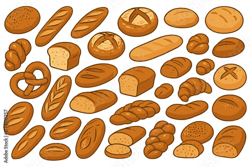 Artisan Bread Illustration Set – Variety of Hand-Drawn Loaves, Buns, and Pretzels on Warm Background