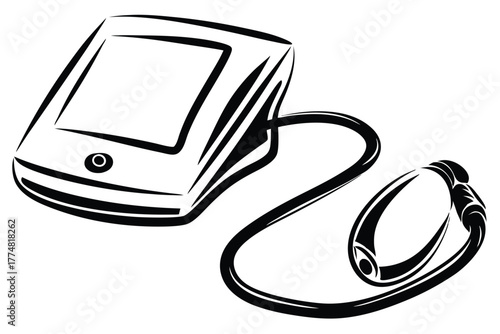 Black outline drawing shows a blood pressure monitor with an attached bulb and cable