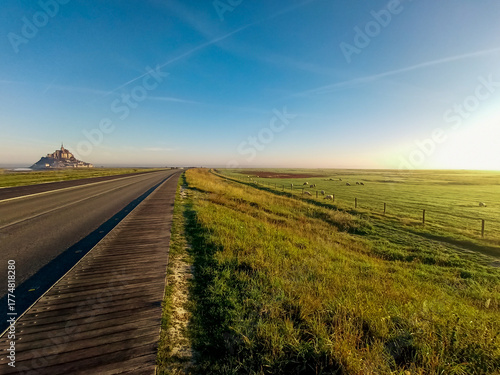 Dreamy Foggy Morning Landscape with Mont-Saint-Michel and Sheep