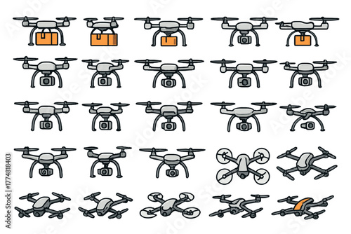 Drone Icon Set – Delivery, Surveillance, and Aerial Photography Drones