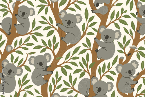 Adorable sleeping koalas on eucalyptus trees seamless pattern