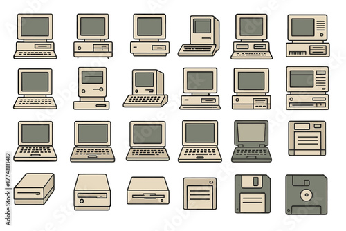 Retro computer and floppy disk icons with vintage tech theme