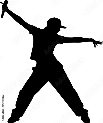 Silhouette of a hip hop rapper or singer performing with a microphone. Vector icon of an energetic male artist for music, concert, and entertainment concepts.