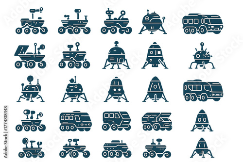 Futuristic space exploration vehicle icon set